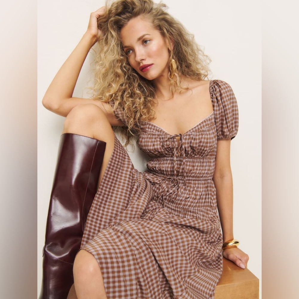 Reformation Brown Gingham Puff Sleeve Dress